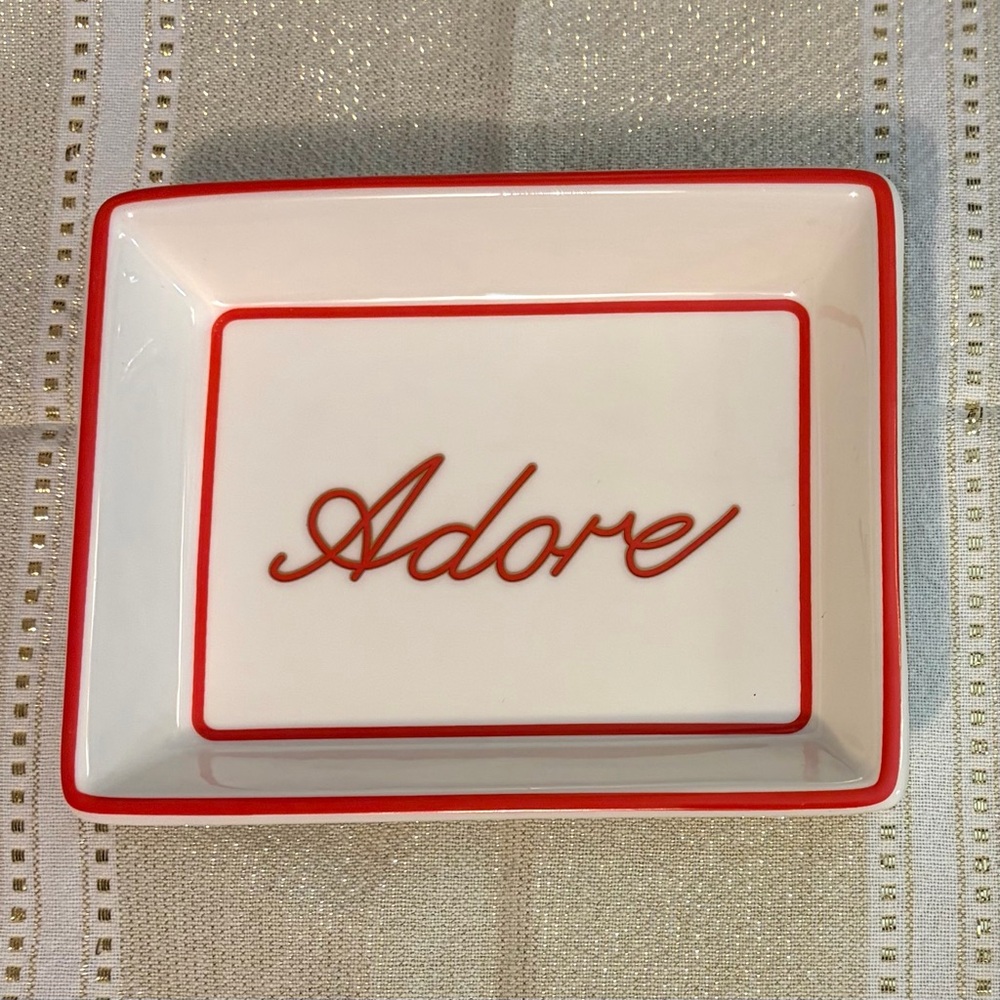C Wonder Porcelain “ADORE” Trinket Dish W/Red Script,Jewelry Catchall,Gift Tray